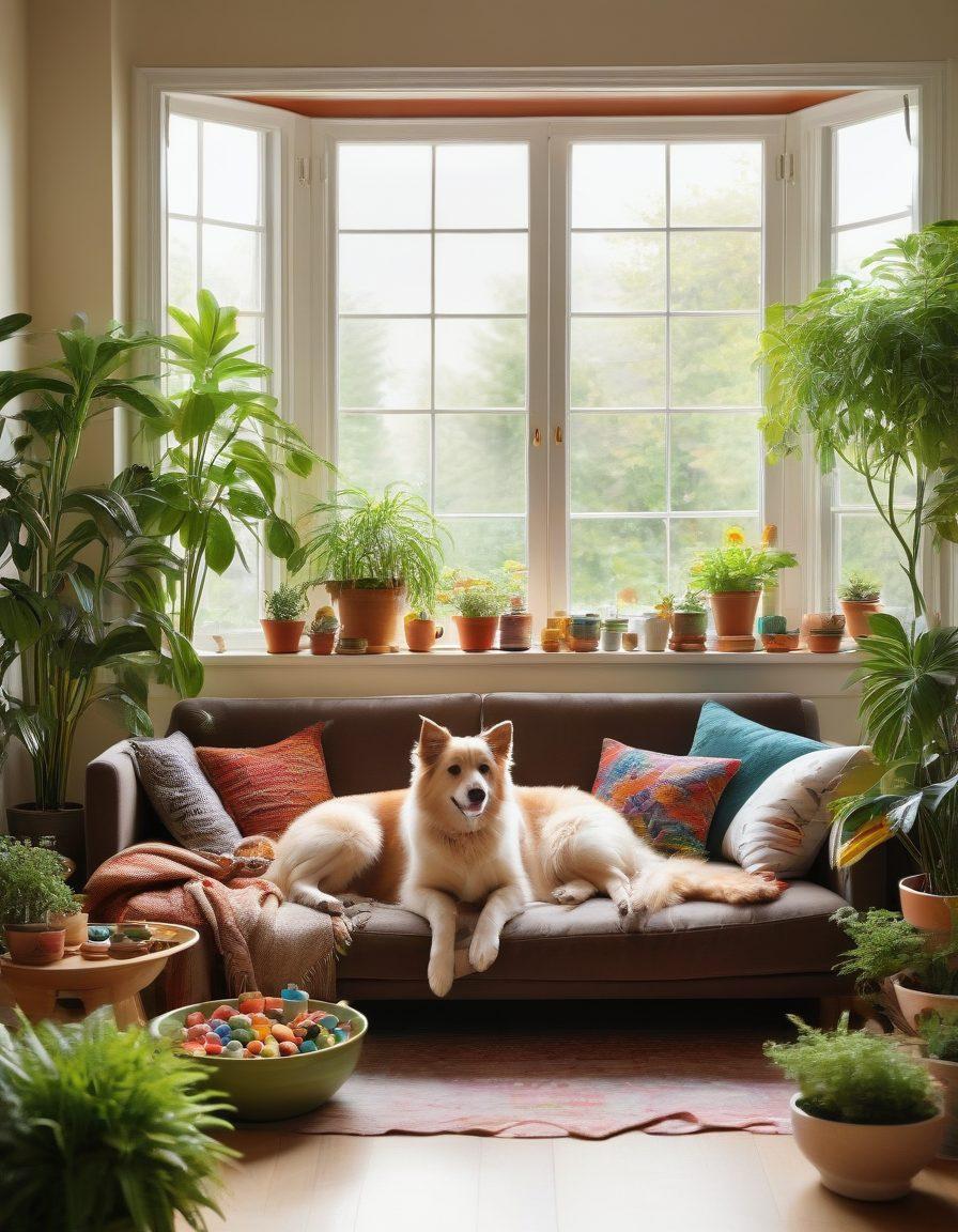 A warm and inviting scene depicting a person sitting on a cozy sofa with their dog and cat, surrounded by pet health items like nutritious food, toys, and wellness supplements. The background features a sunlit room with plants and a window showing a bright garden outside, symbolizing happiness and connection. This embodies the themes of nurturing and bonding between pets and owners. vibrant colors. super-realistic. soft lighting.