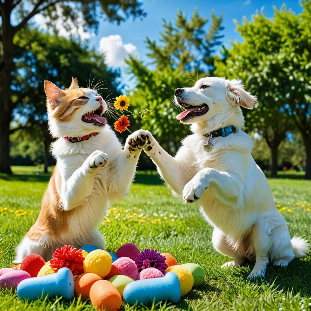 A joyful dog and cat playing together in a sunny park, surrounded by colorful flowers and lush greenery, showcasing vibrant pet toys and healthy treats scattered around. A bright blue sky with fluffy clouds above enhances the cheerful atmosphere, symbolizing happiness and companionship. super-realistic. vibrant colors. bright background.