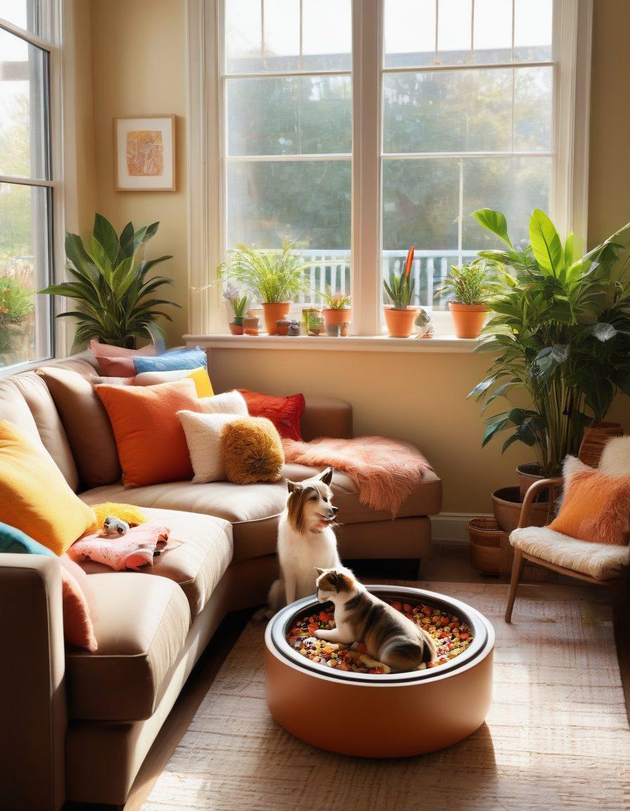 A cozy living room setting featuring a happy dog and a playful cat interacting harmoniously, surrounded by pet care items like toys and food bowls. Natural sunlight streams through a window, illuminating colorful potted plants and a comfortable couch with pet-friendly materials. Capturing the essence of companionship and relaxed environment, with an inviting atmosphere. warm colors. super-realistic. soft lighting.
